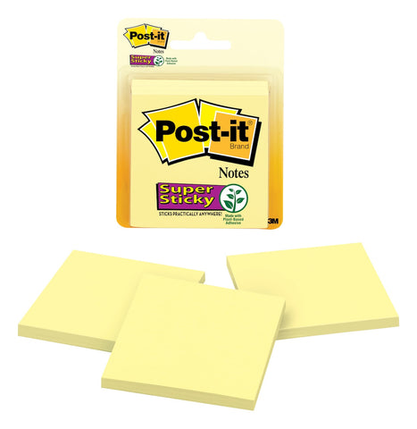 CANARY YELLOW COLOURED POST-IT SUPER STICKY NOTES 76MM X 76MM 45 SHEETS PER PAD, 3 PADS PER PACK