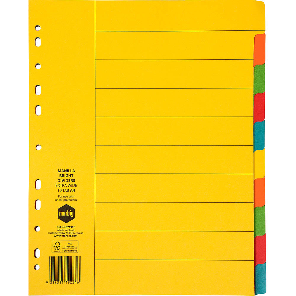 Marbig Manilla Bright Dividers A4 10 Tab Multi colour